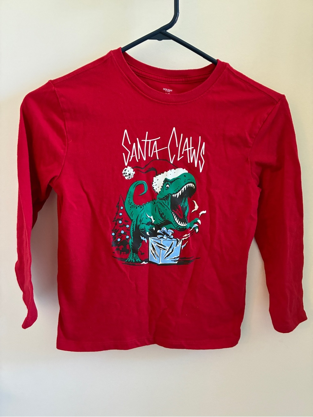 Holiday Time Red Long-Sleeve 'Santa Claws' Tee with Green Dino Graphic
